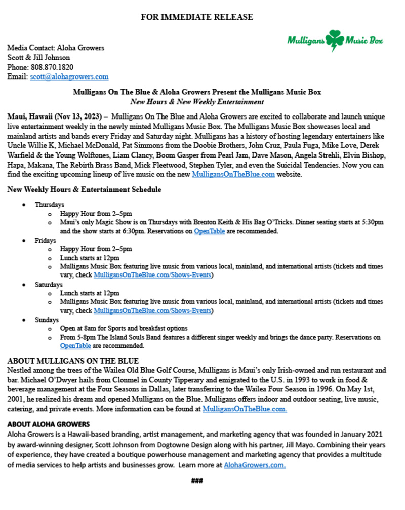 Press Release - Mulligans On the Blue and AG Presents the New Mulligans Music Box